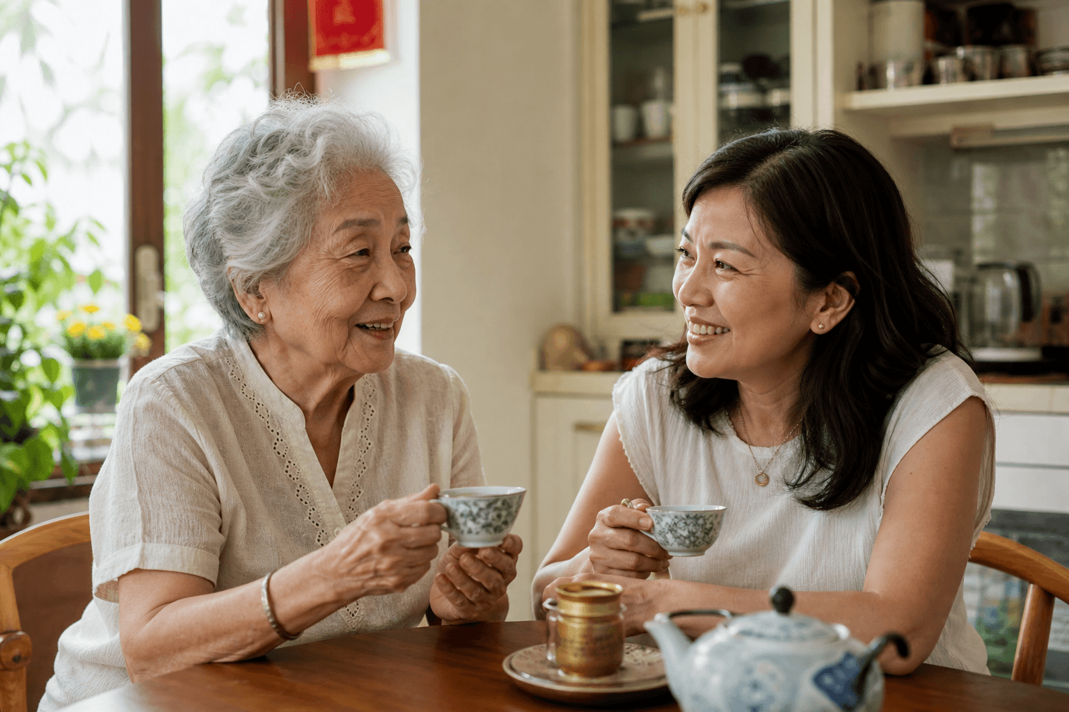 Elderly Singaporean woman and her adult daughter smiling together over tea at a wooden kitchen table