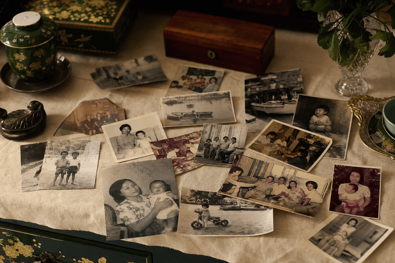 Scattered vintage Asian family photographs on a cream linen tablecloth in soft daylight