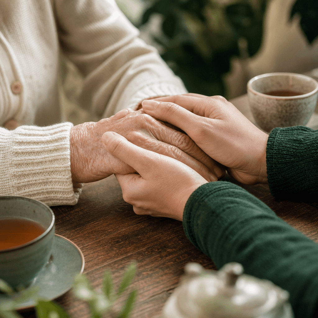 Verified younger listener and elder at their first in-person meeting, sharing tea together